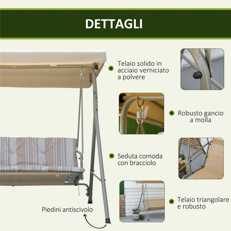 DONDOLO DA GIARDINO 3 POSTI IN ACCIAIO CON TETTO REGOLABILE, CUSCINI E BRACCIOLI, 172X110X156CM