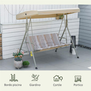 DONDOLO DA GIARDINO 3 POSTI IN ACCIAIO CON TETTO REGOLABILE, CUSCINI E BRACCIOLI, 172X110X156CM