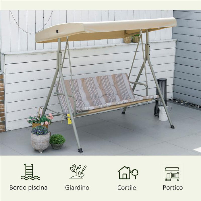 DONDOLO DA GIARDINO 3 POSTI IN ACCIAIO CON TETTO REGOLABILE, CUSCINI E BRACCIOLI, 172X110X156CM