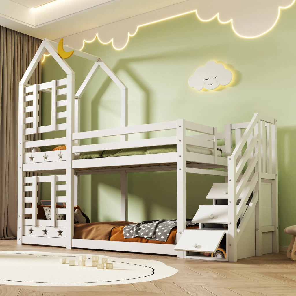 Letto a castello per bambini a casetta con cassetti 90x200 cm