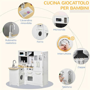 CUCINA GIOCATTOLO PER BAMBINI 3-6 ANNI IN LEGNO CON SUONI E 14 ACCESSORI BIANCA