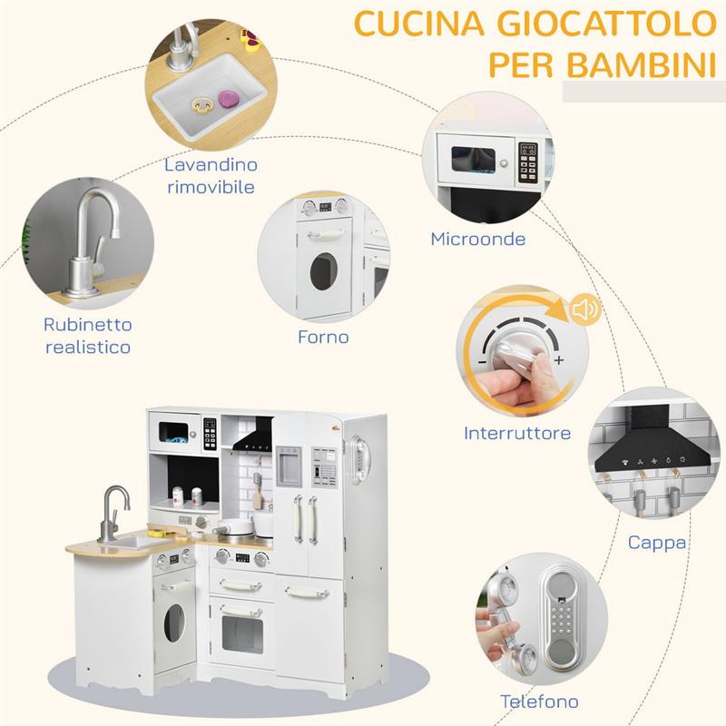 CUCINA GIOCATTOLO PER BAMBINI 3-6 ANNI IN LEGNO CON SUONI E 14 ACCESSORI BIANCA