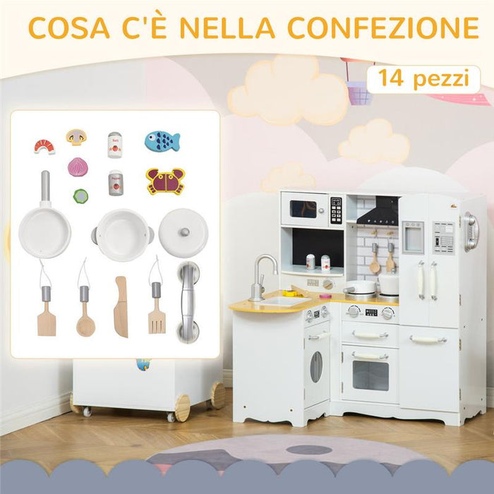 CUCINA GIOCATTOLO PER BAMBINI 3-6 ANNI IN LEGNO CON SUONI E 14 ACCESSORI BIANCA