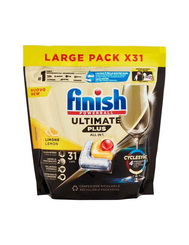 FINISH POWERBALL ULTIMATE PLUS PULIZIA INTENSA PER LAVASTOVIGLIE BRILLANTEZZA ECCEZIONALE FRAGRANZA LIMONE 31 CAPSULE