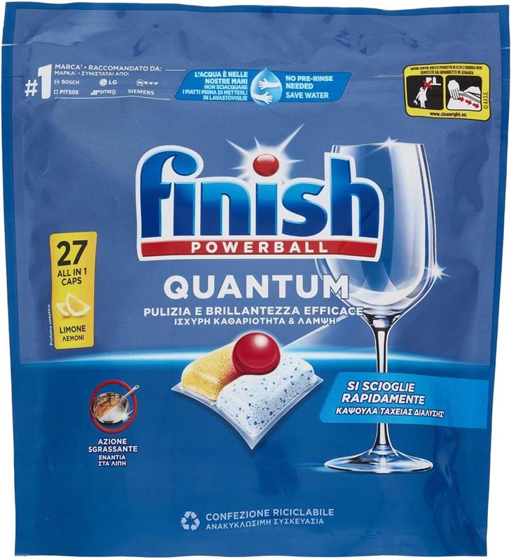 FINISH POWERBALL QUANTUM PULIZIA E BRILLANTEZZA EFFICACE AZIONE SGRASSANTE SI SCIOGLIE RAPIDAMENTE 27 CAPSULE FRAGRANZA LIMONE