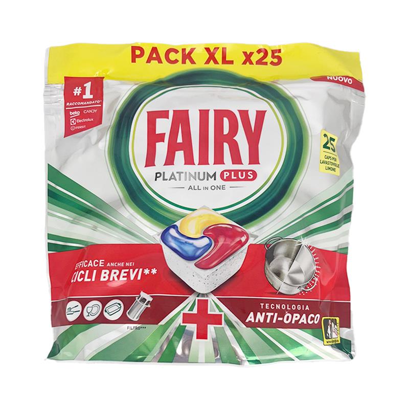 FAIRY PLATINUM PLUS EFFICACE ANCHE NEI CICLI BREVI E TECNOLOGIA ANTI OPACO 25 CAPSULE PER LAVASTOVIGLIE FRAGRANZA AL LIMONE