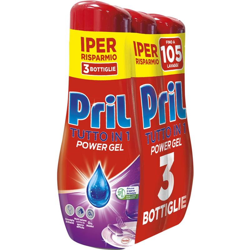 PRIL TUTTO IN 1 POWER GEL 0% RESIDUI MULTI AZIONE CONTRO LO SPORCO DIFFICILE FINO A 105 LAVAGGI 3X 630 ML