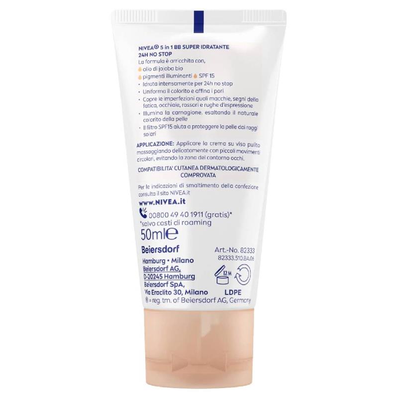 NIVEA 5 IN 1 BB SUPER IDRATANTE 24H NO STOP CON OLIO DI JOJOBA BIO PIGMENTI ILLUMINANTI CREMA GIORNO NATURALE 50 ML