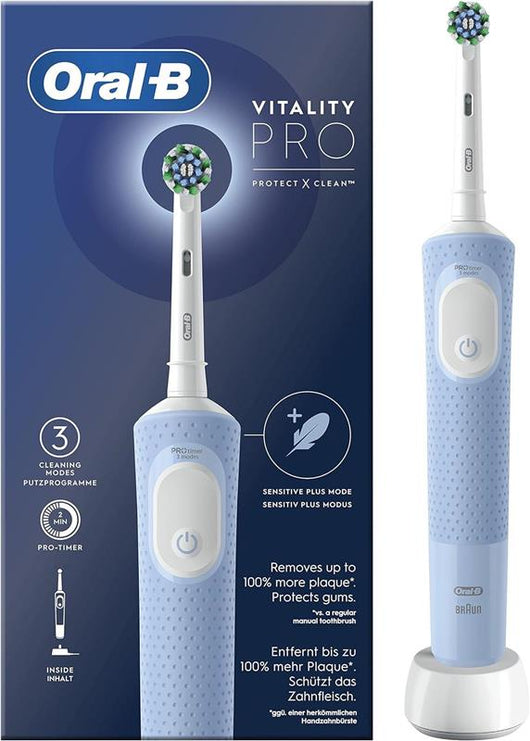 ORAL B SPAZZOLINO ELETTRICO PRO VITALITY BLU RIMUOVE FINO AL 100% IN PIÙ DI PLACCA PROTEGGE LE GENGIVE SUPER DELICATO