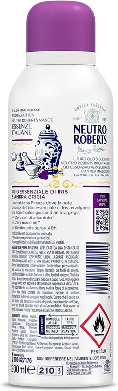 NEUTRO ROBERTS DEODORANTE SPRAY FIRENZE SENZA SALI DI ALLUMINIO IRIS E AMBRA GRIGIA UOMO 200 ML 48H