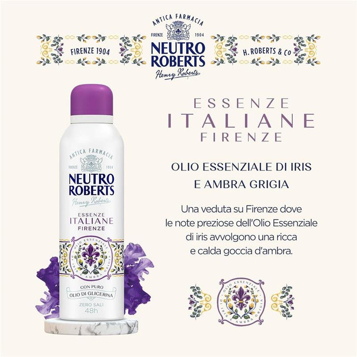 NEUTRO ROBERTS DEODORANTE SPRAY FIRENZE SENZA SALI DI ALLUMINIO IRIS E AMBRA GRIGIA UOMO 200 ML 48H