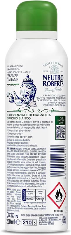 NEUTRO ROBERTS DEODORANTE SPRAY DOLOMITI SENZA SALI DI ALLUMINIO MAGNOLIA E MUSCHIO BIANCO OLIO DI GLICERINA 200 ML 48H