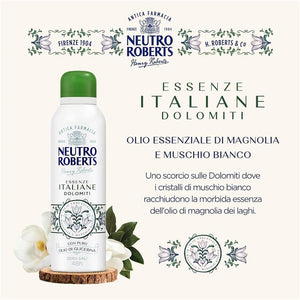 NEUTRO ROBERTS DEODORANTE SPRAY DOLOMITI SENZA SALI DI ALLUMINIO MAGNOLIA E MUSCHIO BIANCO OLIO DI GLICERINA 200 ML 48H