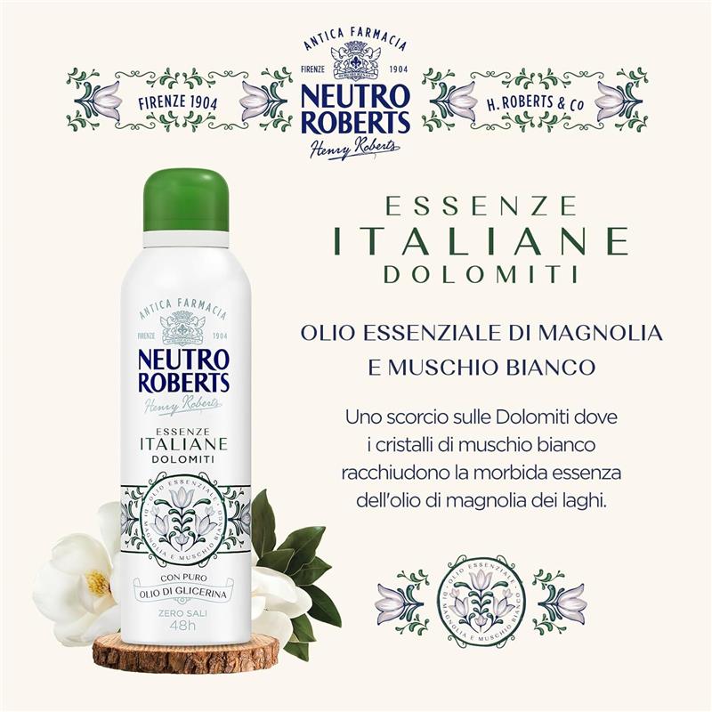 NEUTRO ROBERTS DEODORANTE SPRAY DOLOMITI SENZA SALI DI ALLUMINIO MAGNOLIA E MUSCHIO BIANCO OLIO DI GLICERINA 200 ML 48H