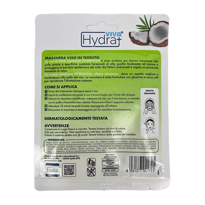HYDRA VIVA MASCHERA ON TESSUTO TRATTAMENTO MONODOSE CON COCCO E ACIDO IALURONICO EFFETTO IDRATANTE DERMATOLOGICAMENTE TESTATO