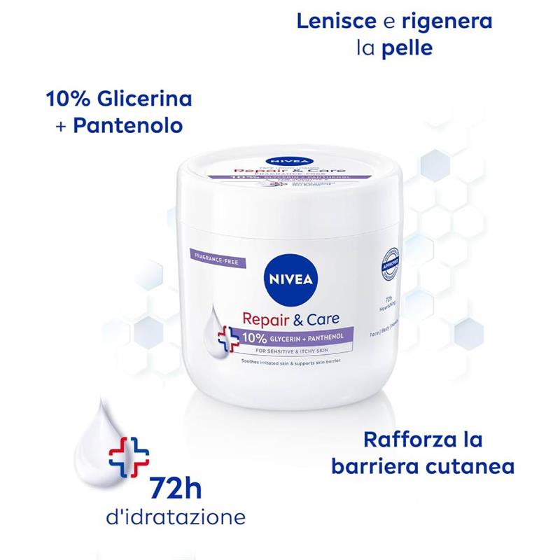 NIVEA REPAIR E CARE CREMA CORPO VISO E MANI PER PELLI SENSIBILI 400ML