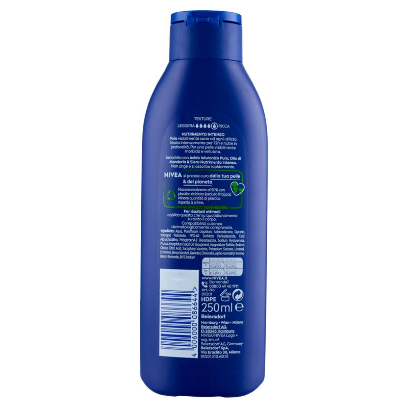 NIVEA CREMA CORPO NUTRIENTE 72H IDRATAZIONE CLINICAMENTE TESTATO OLIO DI MANDORLA E SIERO NUTRIMENTO INTENSO 250 ML
