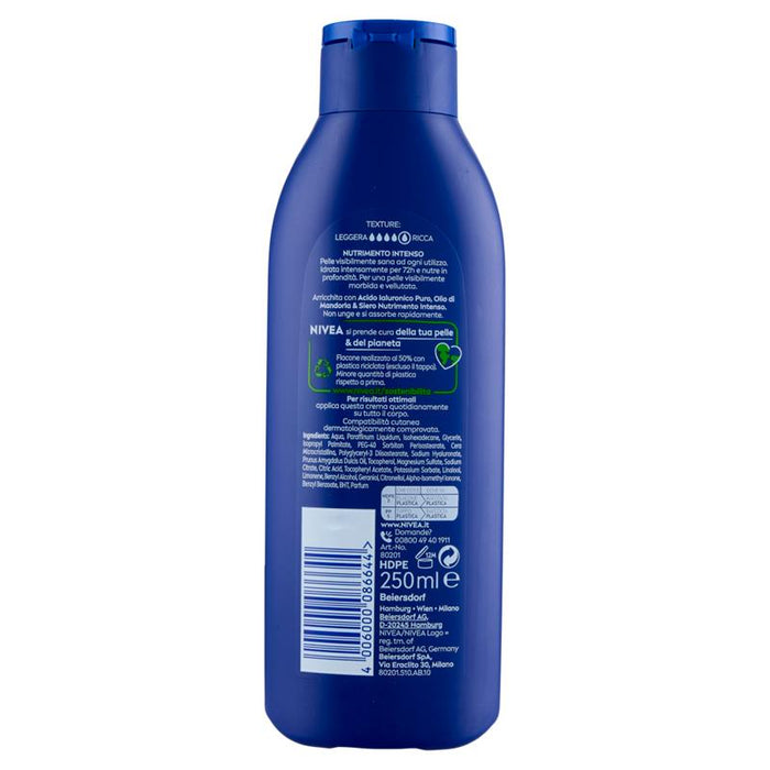 NIVEA CREMA CORPO NUTRIENTE 72H IDRATAZIONE CLINICAMENTE TESTATO OLIO DI MANDORLA E SIERO NUTRIMENTO INTENSO 250 ML