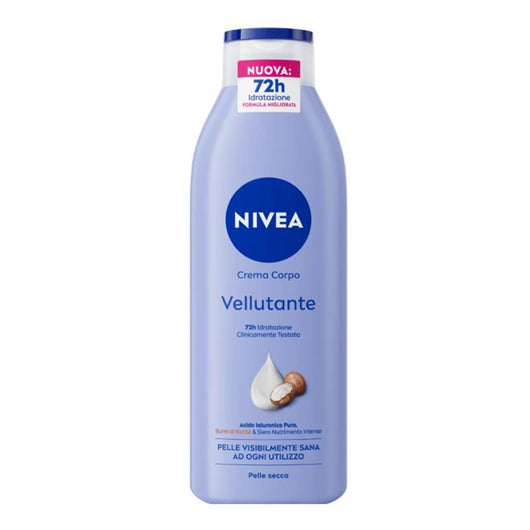 NIVEA CREMA CORPO VELLUTANTE 72H DI IDRATAZIONE CLINICAMENTE TESTATO ACIDO IALURONICO PURO BURRO DI KARITÈ E SIERO NUTRIMENTO INTENSO 250 ML