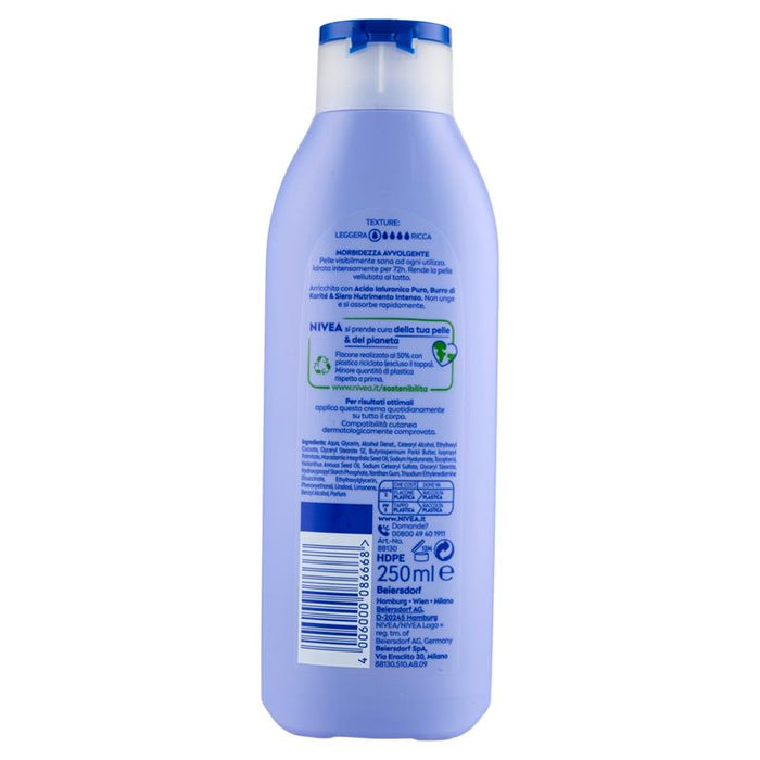 NIVEA CREMA CORPO VELLUTANTE 72H DI IDRATAZIONE CLINICAMENTE TESTATO ACIDO IALURONICO PURO BURRO DI KARITÈ E SIERO NUTRIMENTO INTENSO 250 ML