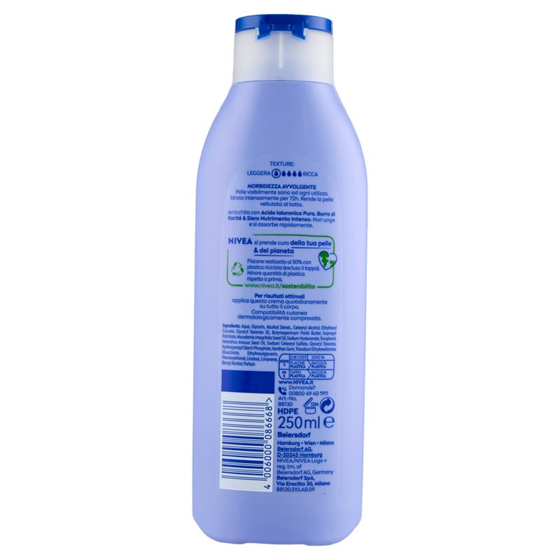 NIVEA CREMA CORPO VELLUTANTE 72H DI IDRATAZIONE CLINICAMENTE TESTATO ACIDO IALURONICO PURO BURRO DI KARITÈ E SIERO NUTRIMENTO INTENSO 250 ML