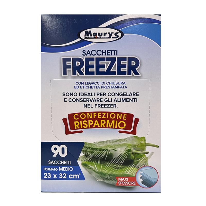 MAURY'S SACCHETTI FREEZER CON LEGACCI DI CHIUSURA ED ETICHETTA PRESTAMPATA 90 SACCHETTI MAXI SPESSORE 23X32 CM