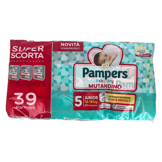 PAMPERS BABY-DRY MUTANDINO SUPER SCORTA SISTEMA DI BARRIERE STOP AND PROTECT JUNIOR 12-18 KG 39 PANNOLINI 12H ASCIUTTO