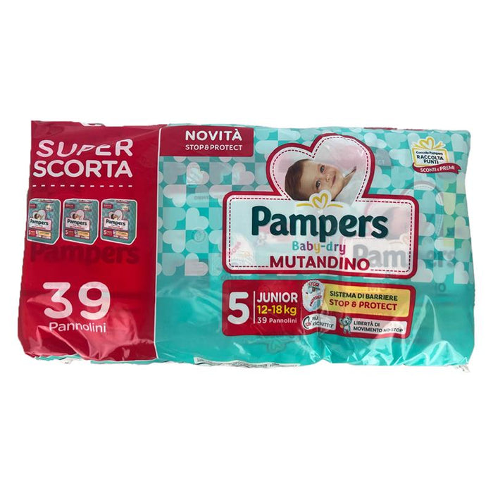 PAMPERS BABY-DRY MUTANDINO SUPER SCORTA SISTEMA DI BARRIERE STOP AND PROTECT JUNIOR 12-18 KG 39 PANNOLINI 12H ASCIUTTO