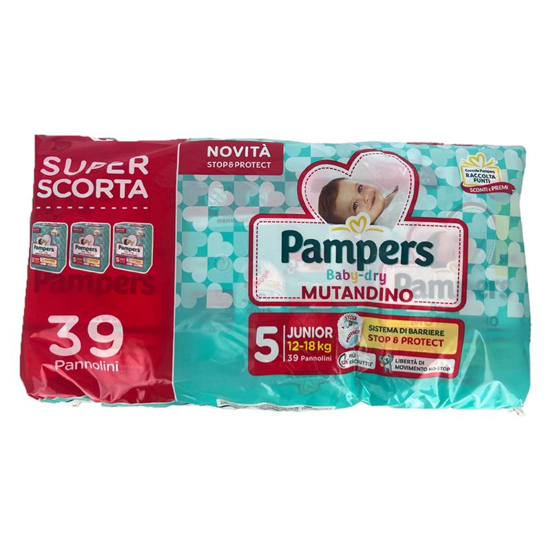 PAMPERS BABY-DRY MUTANDINO SUPER SCORTA SISTEMA DI BARRIERE STOP AND PROTECT JUNIOR 12-18 KG 39 PANNOLINI 12H ASCIUTTO