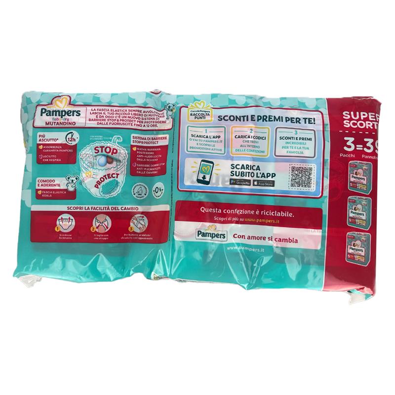 PAMPERS BABY-DRY MUTANDINO SUPER SCORTA SISTEMA DI BARRIERE STOP AND PROTECT JUNIOR 12-18 KG 39 PANNOLINI 12H ASCIUTTO