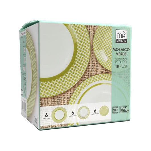 SERVIZIO PIATTI 18 PEZZI EFFETTO MOSAICO COLORE VERDE 6 PIATTI PIANI 6 FONDI 6 FRUTTA OKX