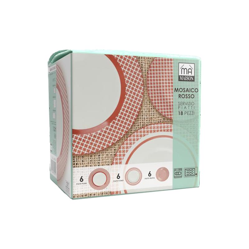 SERVIZIO PIATTI 18 PEZZI EFFETTO MOSAICO COLORE ROSSO 6 PIATTI FONDI 6 PIANI 6 FRUTTA OKX