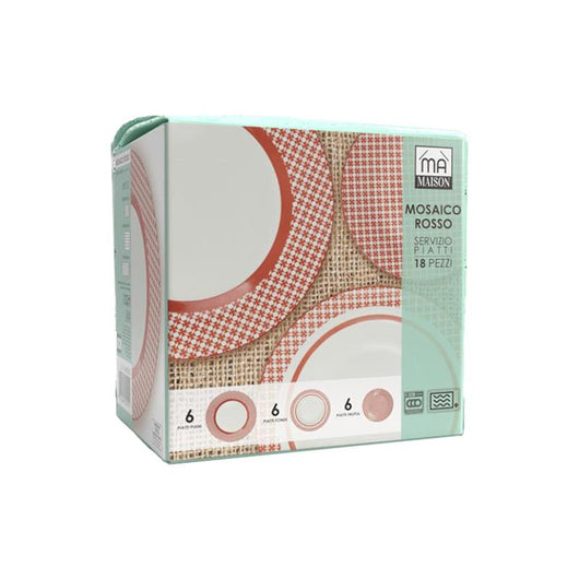 SERVIZIO PIATTI 18 PEZZI EFFETTO MOSAICO COLORE ROSSO 6 PIATTI FONDI 6 PIANI 6 FRUTTA OKX