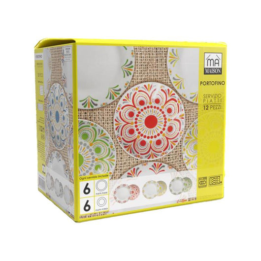 SERVIZIO PIATTI 12 PEZZI PORTOFINO COLORE E DECORI VARI 6 PIATTI PIANI 6 FONDI OKX