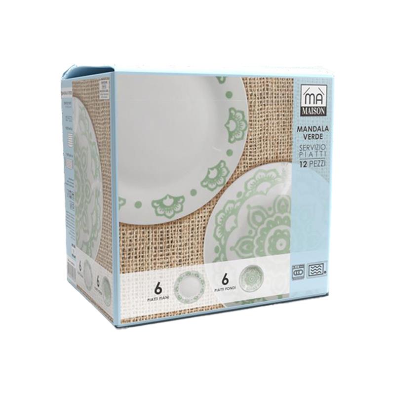 SERVIZIO PIATTI 12 PEZZI EFFETTO MANDALA COLORE VERDE 6 PIATTI PIANI 6 FONDI OKX