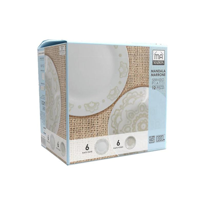 SERVIZIO PIATTI 12 PEZZZI EFFETTO MANDALA COLORE MARRONE 6 PIATTI PIANI 6 FONDI OKX