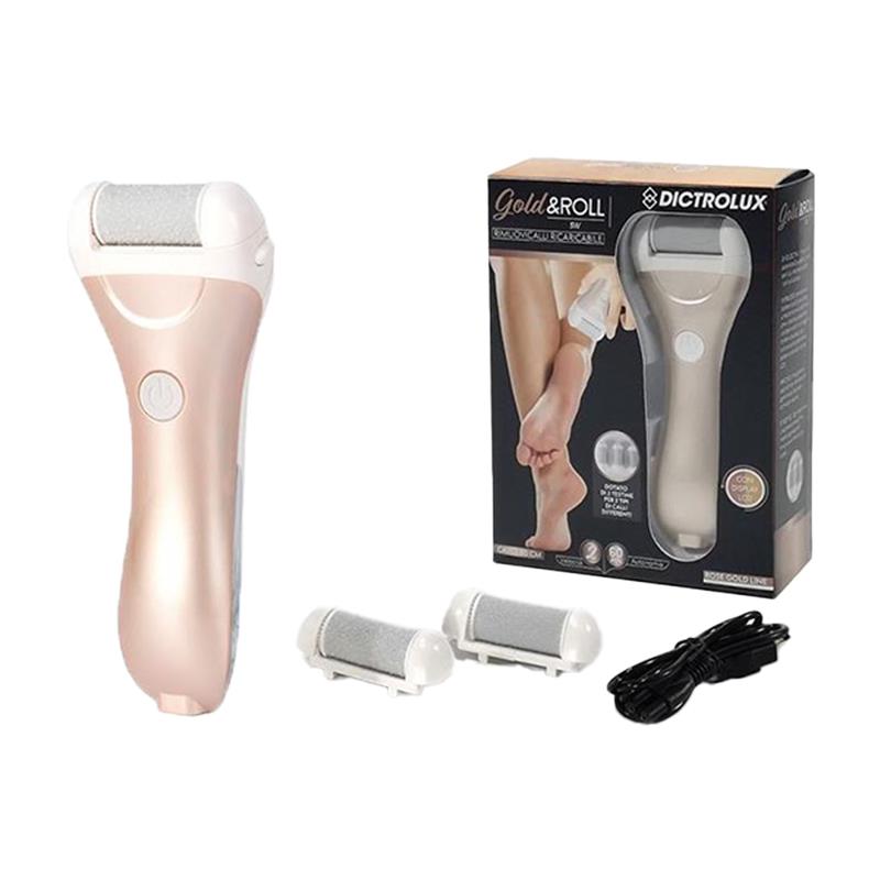 RIMUOVI CALLI 2 VELOCITÀ 3 TESTINE DI RICAMBIO 1 PETTINE PER PULIZIA INCLUSI E CAVO PER RICARICA COLORE PINK GOLD 16HX11 CM OKX