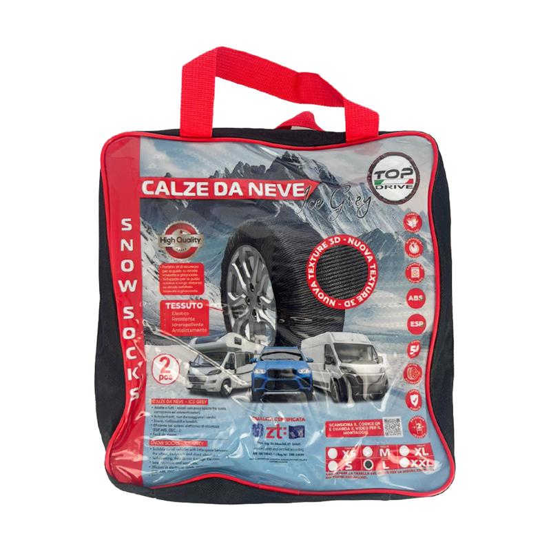 CALZE DA NEVE 2 PZ OMOLOGATE TAGLIA L ANTISLITTAMENTO ADATTE A TUTTI I VEICOLI NON DANNEGGIA I CERCHI RIUTILIZZABILI E LAVABILI IN TESSUTO