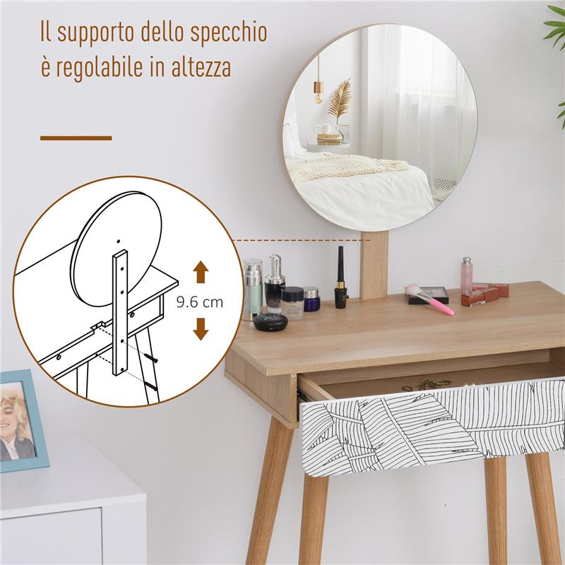 TAVOLO DA TRUCCO CON SPECCHIO TONDO E CASSETTO CON DECORAZIONE JUNGLE BIANCO E ROVERE