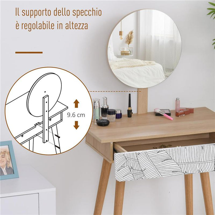 TAVOLO DA TRUCCO CON SPECCHIO TONDO E CASSETTO CON DECORAZIONE JUNGLE BIANCO E ROVERE