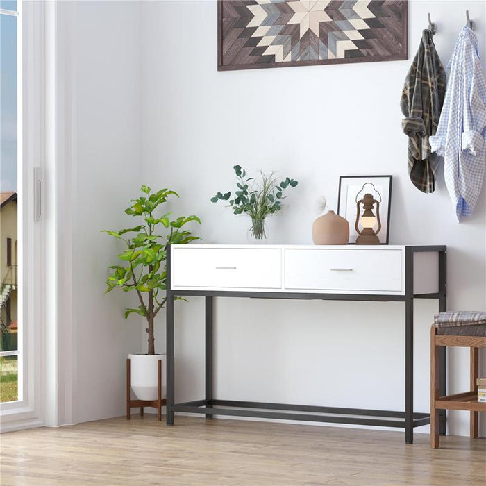 TAVOLO CONSOLLE PER INGRESSO CON 2 CASSETTI IN LEGNO BIANCO E METALLO NERO