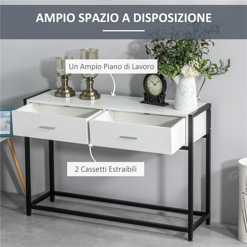 TAVOLO CONSOLLE PER INGRESSO CON 2 CASSETTI IN LEGNO BIANCO E METALLO NERO