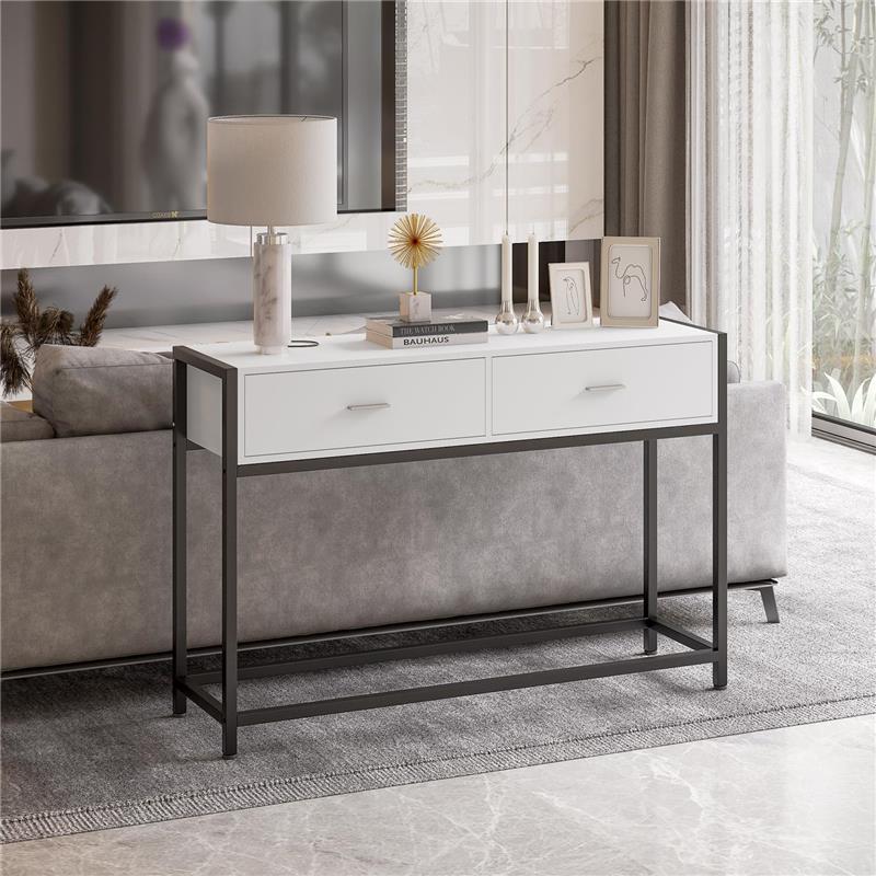 TAVOLO CONSOLLE PER INGRESSO CON 2 CASSETTI IN LEGNO BIANCO E METALLO NERO