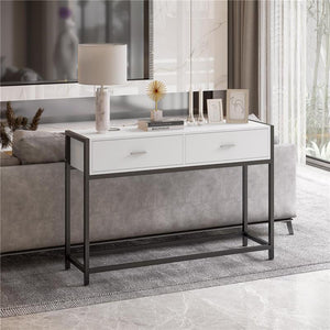 TAVOLO CONSOLLE PER INGRESSO CON 2 CASSETTI IN LEGNO BIANCO E METALLO NERO