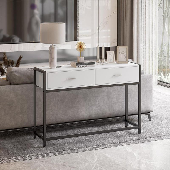 TAVOLO CONSOLLE PER INGRESSO CON 2 CASSETTI IN LEGNO BIANCO E METALLO NERO