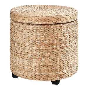 POUF CONTENITORE TONDO CON RIVESTIMENTO RATTAN LEPIRONIA SGABELLO POGGIAPIEDI 43X43CM KHAKI