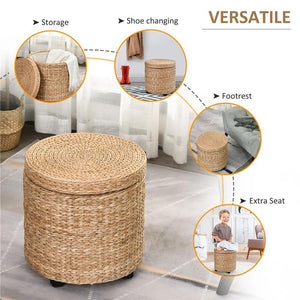 POUF CONTENITORE TONDO CON RIVESTIMENTO RATTAN LEPIRONIA SGABELLO POGGIAPIEDI 43X43CM KHAKI