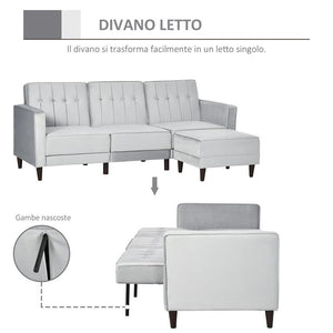 DIVANO LETTO 3 POSTI CON RIVESTIMENTO IN VELLUTO 218X85X86 CM GRIGIO CHIARO