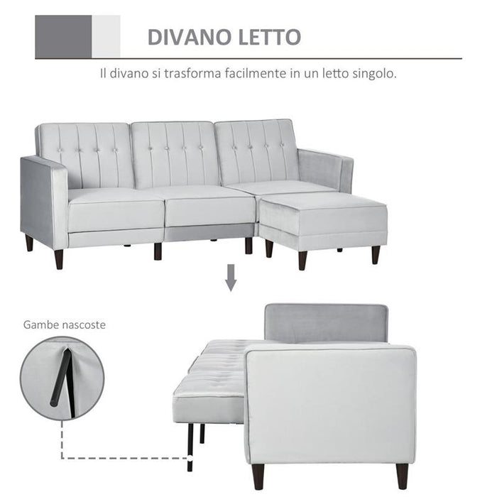 DIVANO LETTO 3 POSTI CON RIVESTIMENTO IN VELLUTO 218X85X86 CM GRIGIO CHIARO