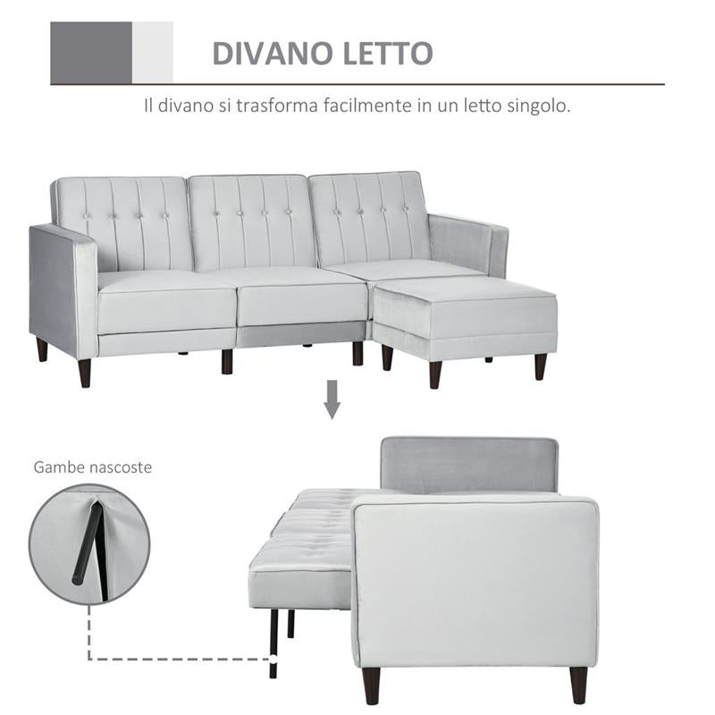 DIVANO LETTO 3 POSTI CON RIVESTIMENTO IN VELLUTO 218X85X86 CM GRIGIO CHIARO